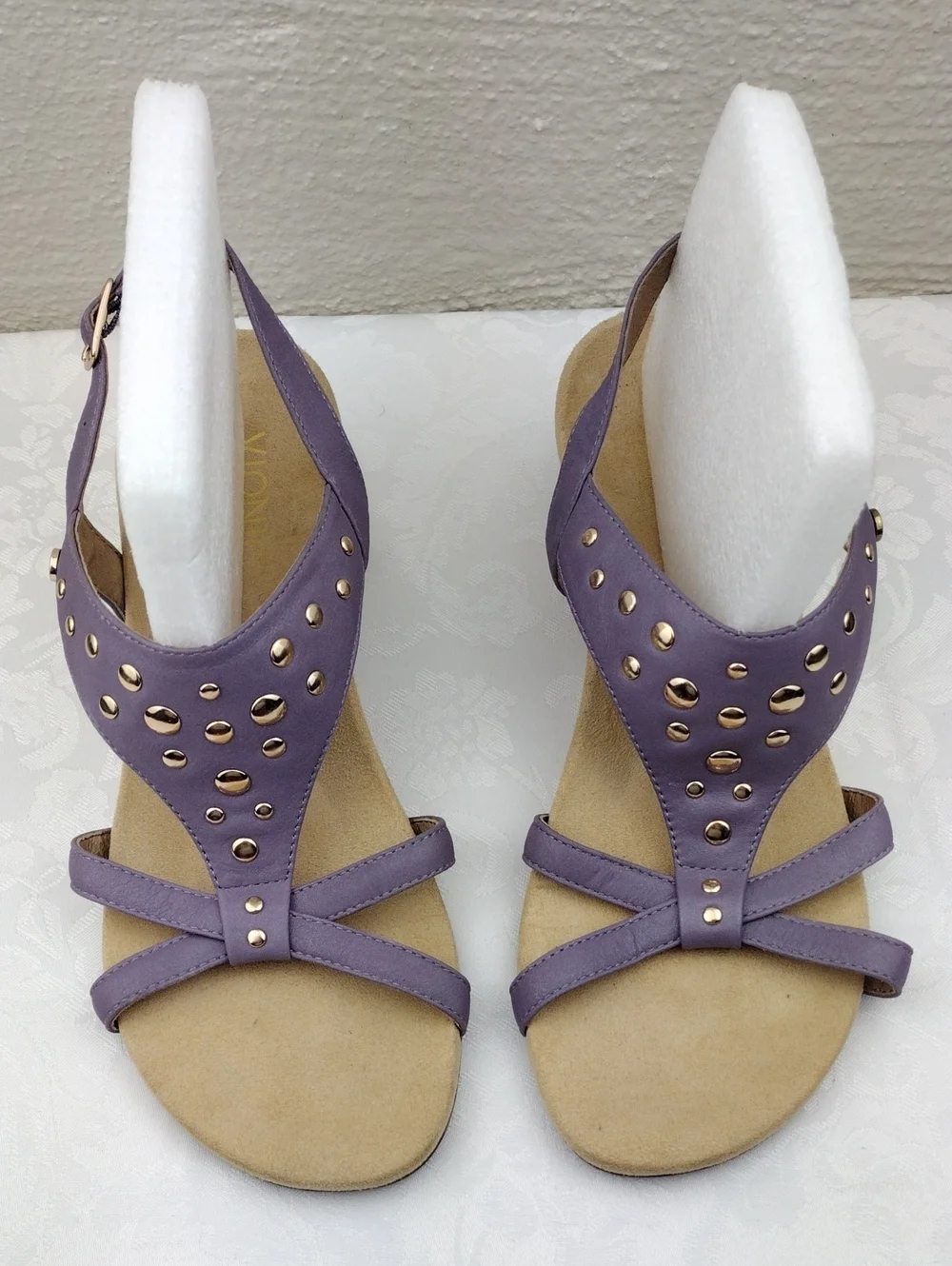 Vionic Orthaheel Catarina Leather Purple Studded Open Toe Slingback Wedge Sandal